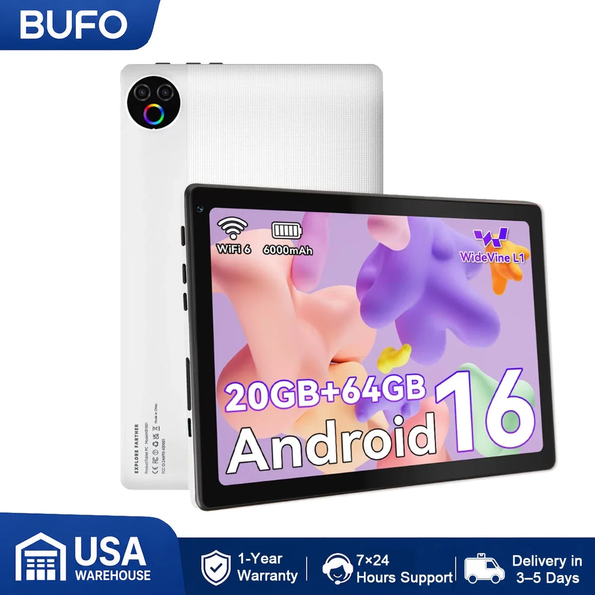 KB1001 Android 16 Tablet 10.1 Inch 20(3+17)GB RAM 1TB TF 6000mAh Face Unlock 8MP Dual Camera OTG Widevine L1 BT 5.4/5G WiFi Portable Work Study Tablet PC - Black
