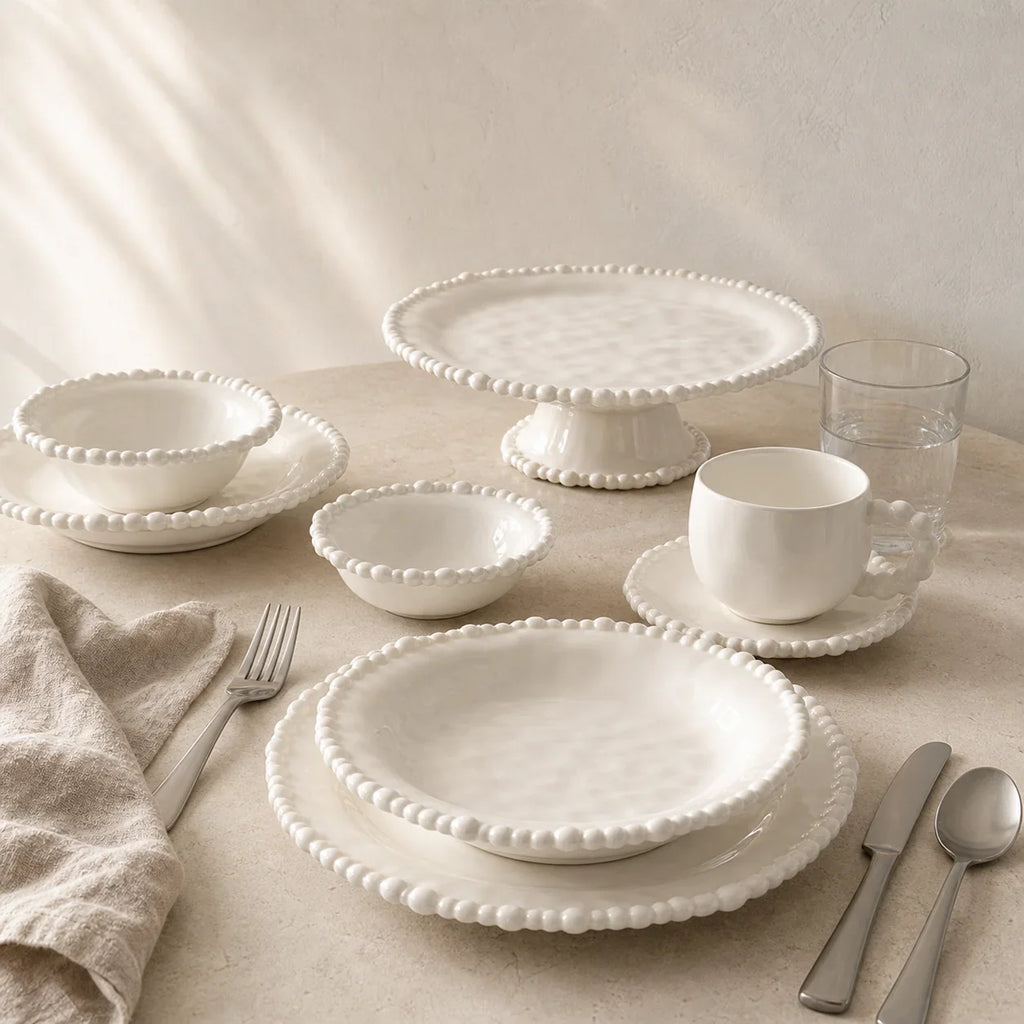 Color Value White French Pearl Edge Ceramic Dinnerware Set Elegant Steak Plate Bowl for Home Kitchen Dining