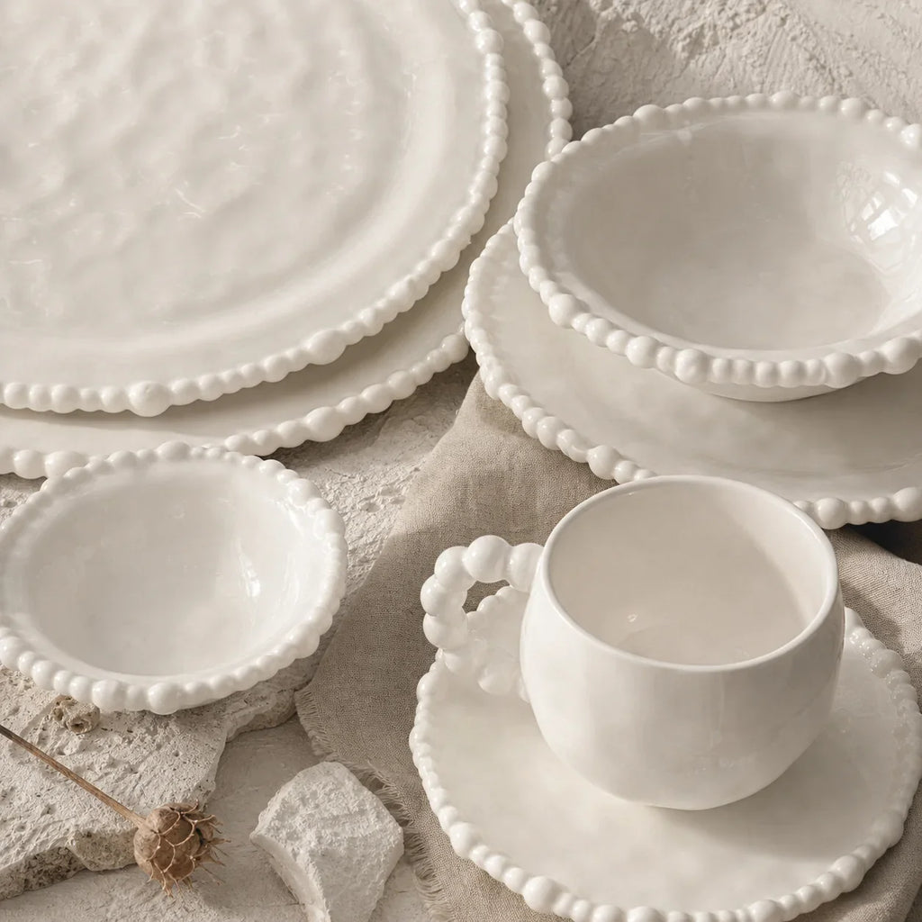 Color Value White French Pearl Edge Ceramic Dinnerware Set Elegant Steak Plate Bowl for Home Kitchen Dining