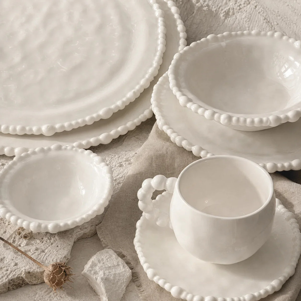 Color Value White French Pearl Edge Ceramic Dinnerware Set Elegant Steak Plate Bowl for Home Kitchen Dining