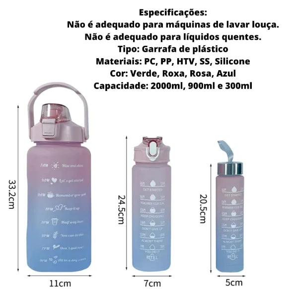 Motivational Squeeze Water Bottle Kit With Stickers 300ML + 900ML + 2000ML