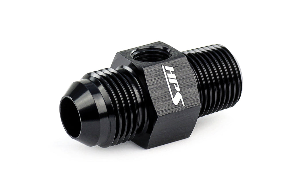 HPS Performance Products AN Male to NPT Male Adapter with 1/8" NPT Female Port, Aluminum, Black