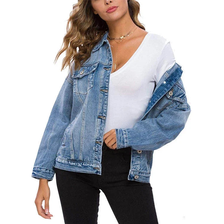 High Premium Custom Women's Casual Jeans Jacket New Style Oversized Fit Washed Denim with Button Decoration for Autumn