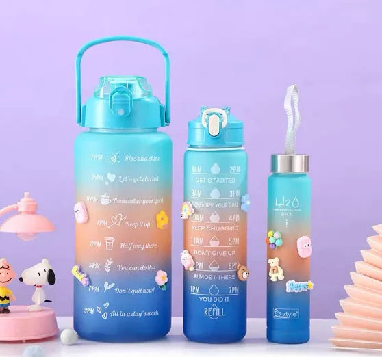 Motivational Squeeze Water Bottle Kit With Stickers 300ML + 900ML + 2000ML