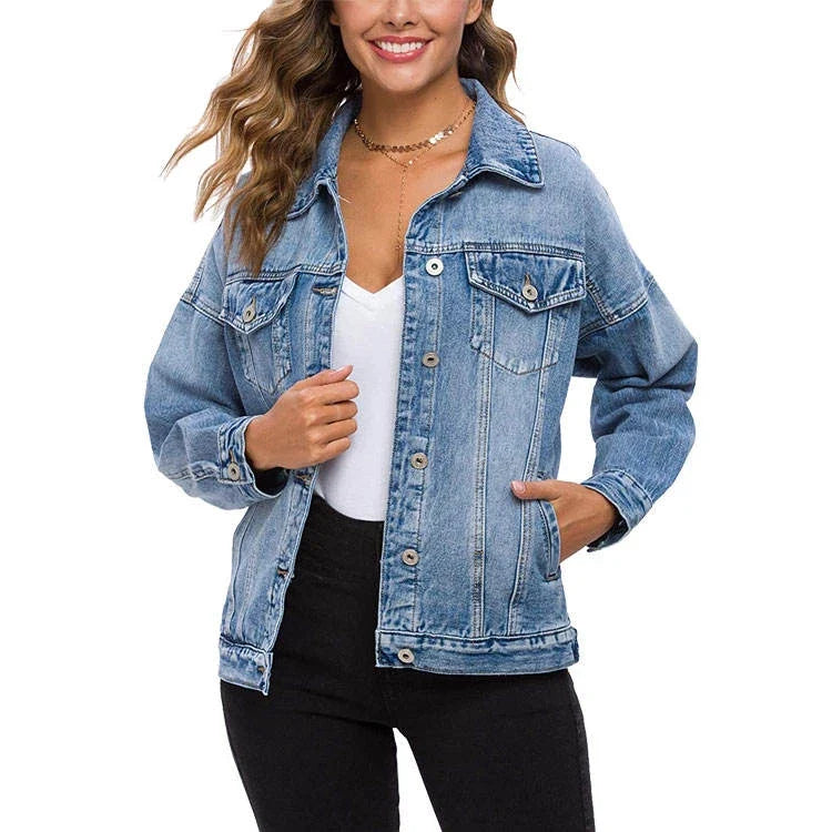 High Premium Custom Women's Casual Jeans Jacket New Style Oversized Fit Washed Denim with Button Decoration for Autumn