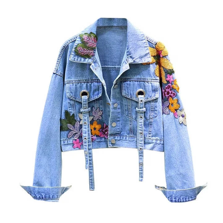 Women Cropped Denim Jackets Casual Solid Color Acid Washed Jeans Jacket Unisex Slim Fit Cotton Outwear Denim Jacket