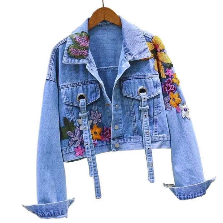 Women Cropped Denim Jackets Casual Solid Color Acid Washed Jeans Jacket Unisex Slim Fit Cotton Outwear Denim Jacket
