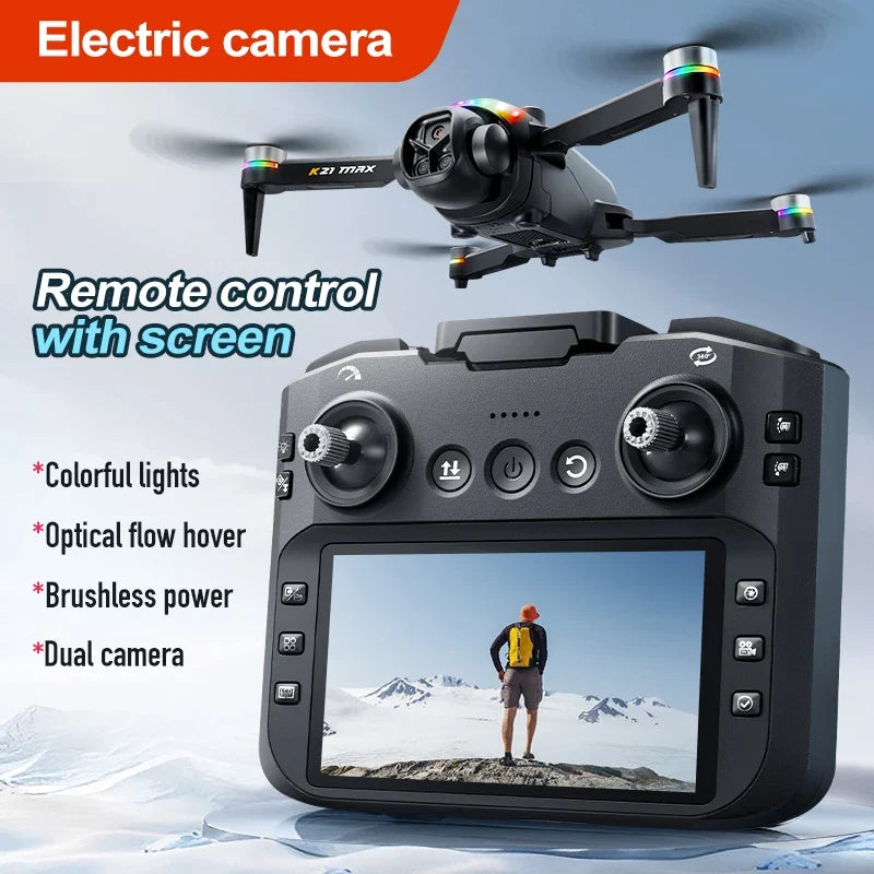ZNLYRION RC Drone K21MAX Foldable Brushless Drone With Screen Remote EIS Dual Electric Camera Optical Flow Hover Colorful LED Light RC Quadcopter