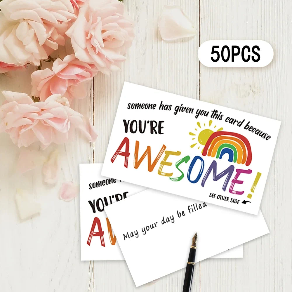 50 pcs, ‘You're Awesome’ Rainbow Encouragement Cards, Motivational Cards, Thank You Cards for Students, Teachers, and Staff