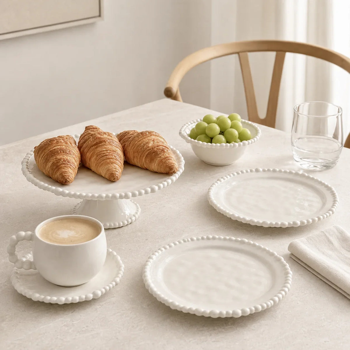 Color Value White French Pearl Edge Ceramic Dinnerware Set Elegant Steak Plate Bowl for Home Kitchen Dining