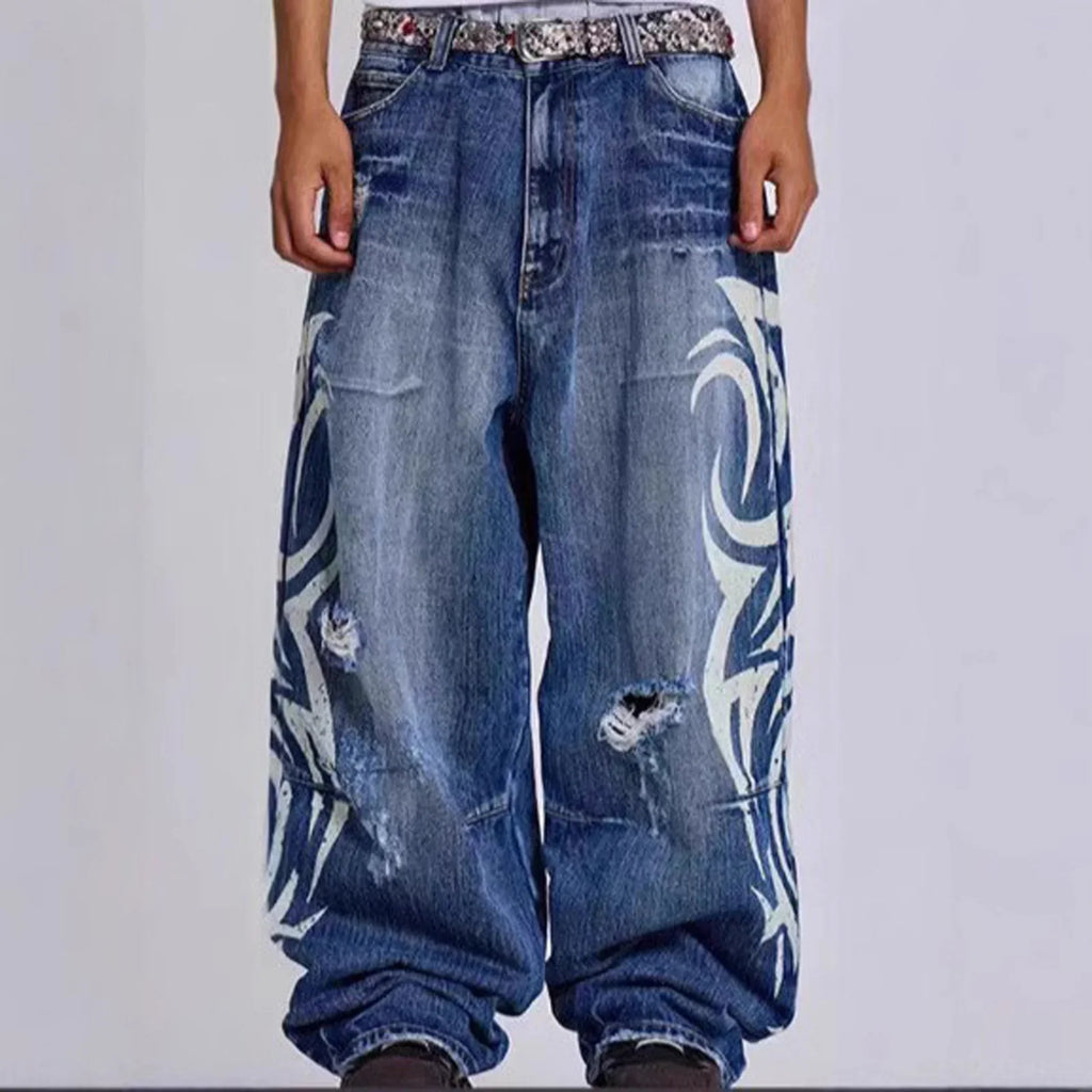 Y2K American Vintage Mottled Totem Print Baggy Jeans Women's High Waist Wide Leg Jeans Women's  Trendy Hip-hop Jeans