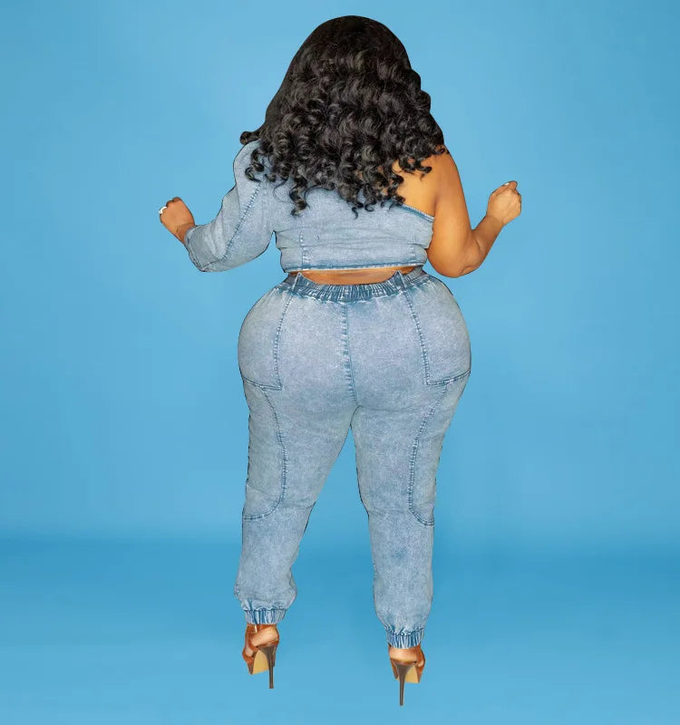 Trending Products 2022 New Arrivals Fashion Casual Washed Plus Size Jean for Woman Jean Two Piece Set