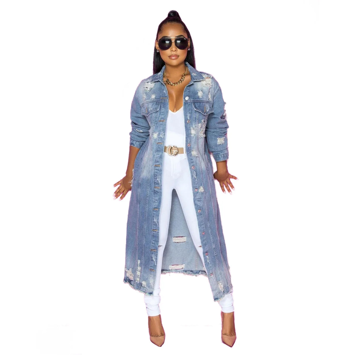 Fashion Women's Long Sleeve Denim Windbreaker Cardigan Denim Long Coat
