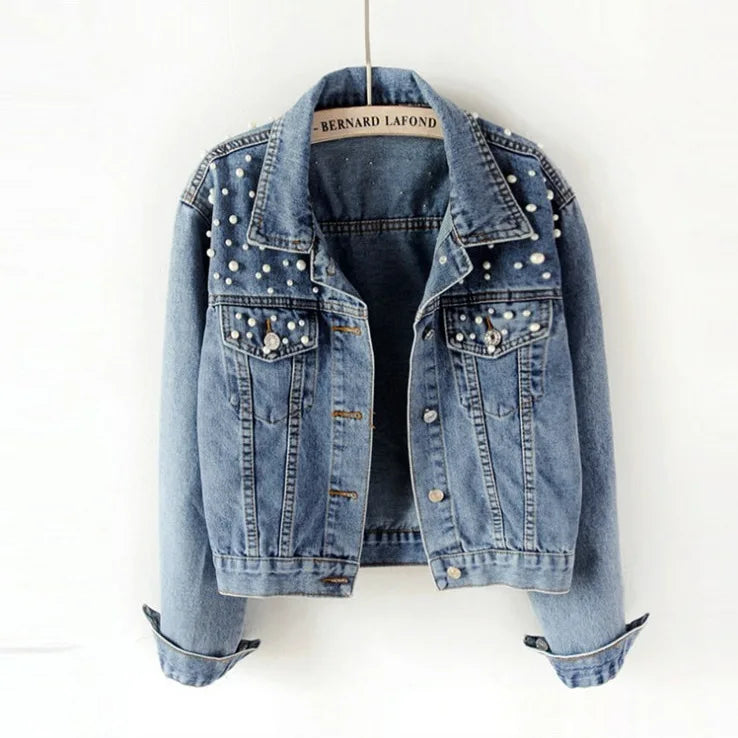New New Fall Women Pearl Beading Crop Denim Jackets Women Casual Jeans Long Sleeve Denim Plus Size Coat
