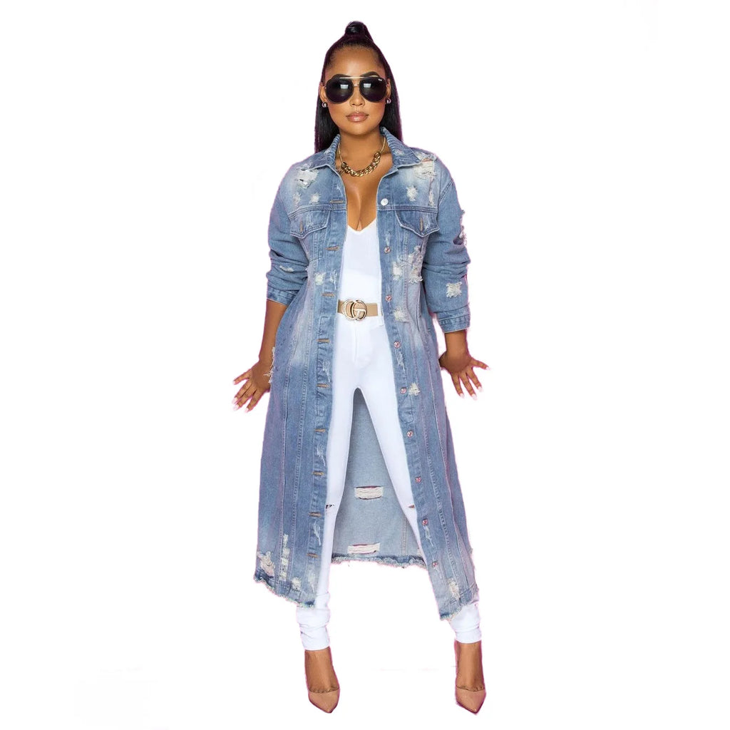 Fashion Women's Distressed Long Sleeve Denim Windbreaker Jacket Cardigan Denim Long Coat