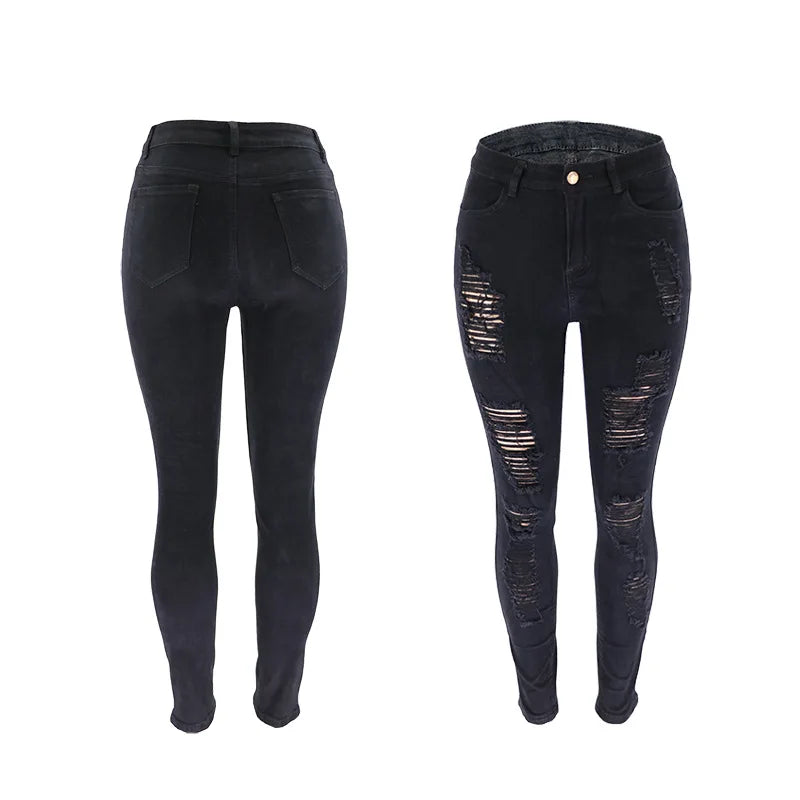 Womens High Waisted Black Torn Jeans Plus Size 3XL Skinny Denim Pencil Pants Burgundy Stretch Rugged Ripped Distressed Jeans