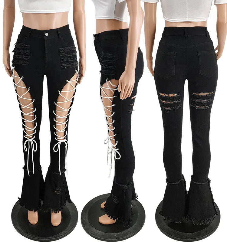 Trending Products 2022 New Arrivals FashionSlim Ripped Eyelet String Sexy Plus Size Jean for Woman