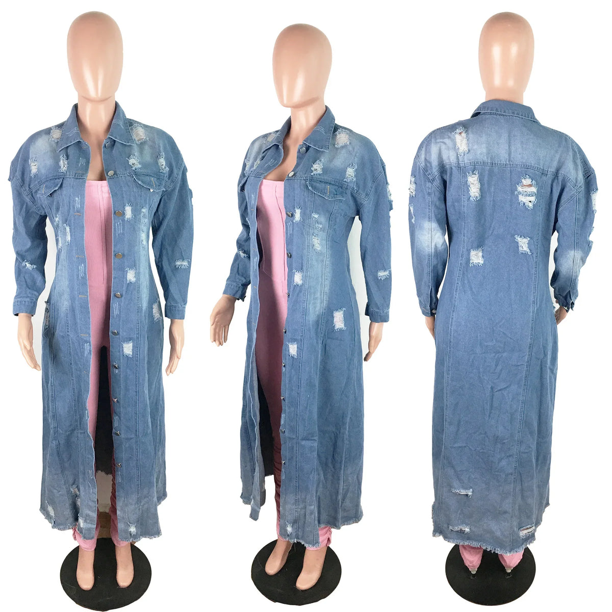 Fashion Women's Distressed Long Sleeve Denim Windbreaker Jacket Cardigan Denim Long Coat