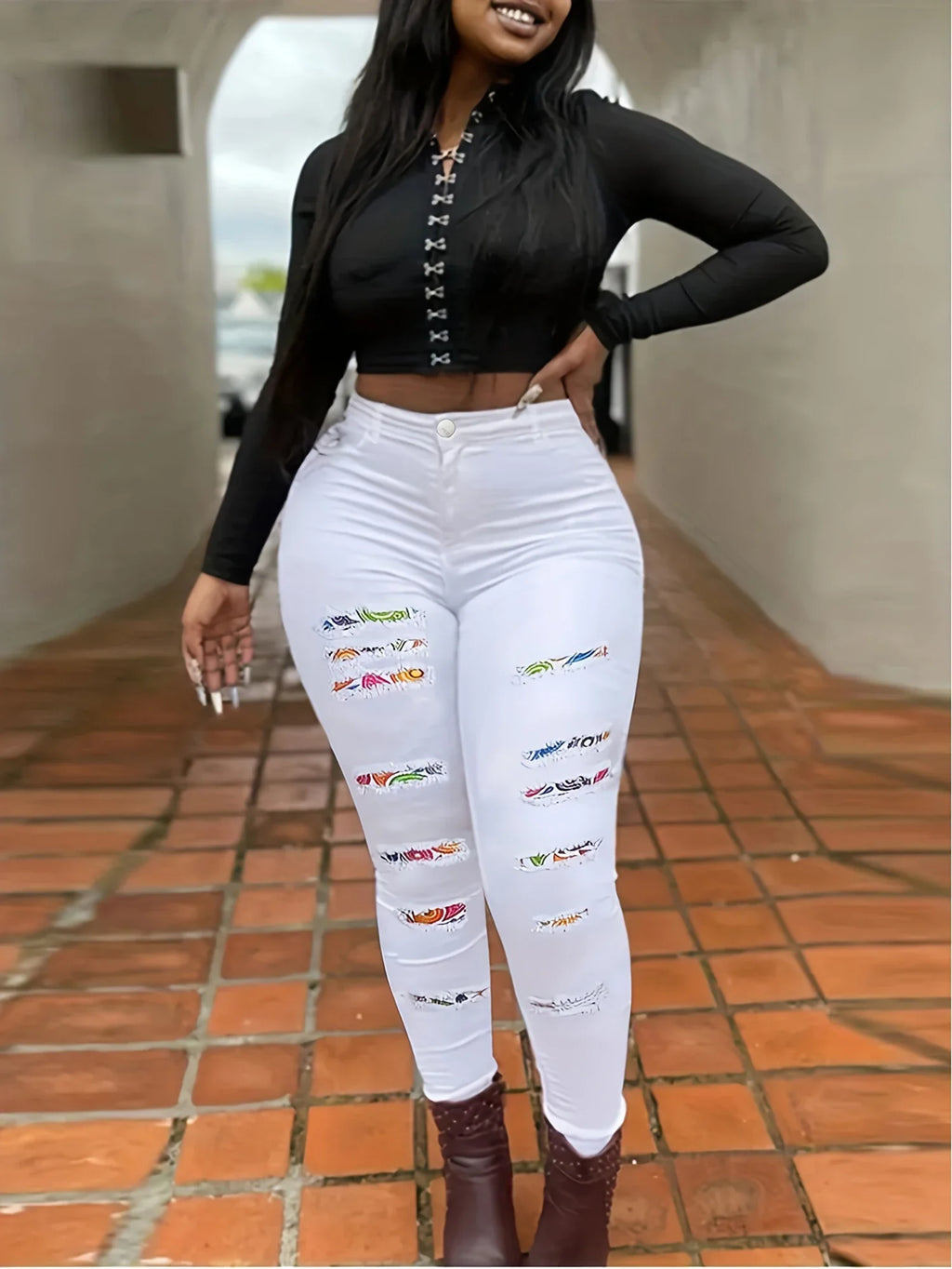 Free Shipping to USA-Women's Plus Size High Waist Slim Fit Casual Style Solid High Stretch Skinny Ripped Jeans