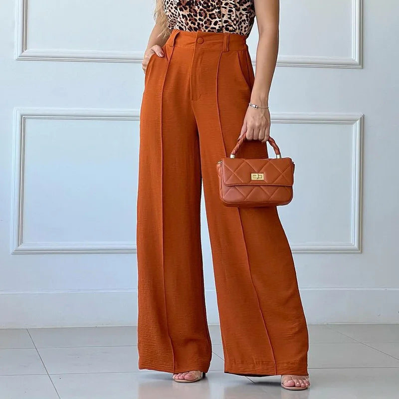 2025 Women Spring and Summer Thin Pants Solid Color Loose Pleated Wide Leg Casual Pants Half Elastic Waist Pants