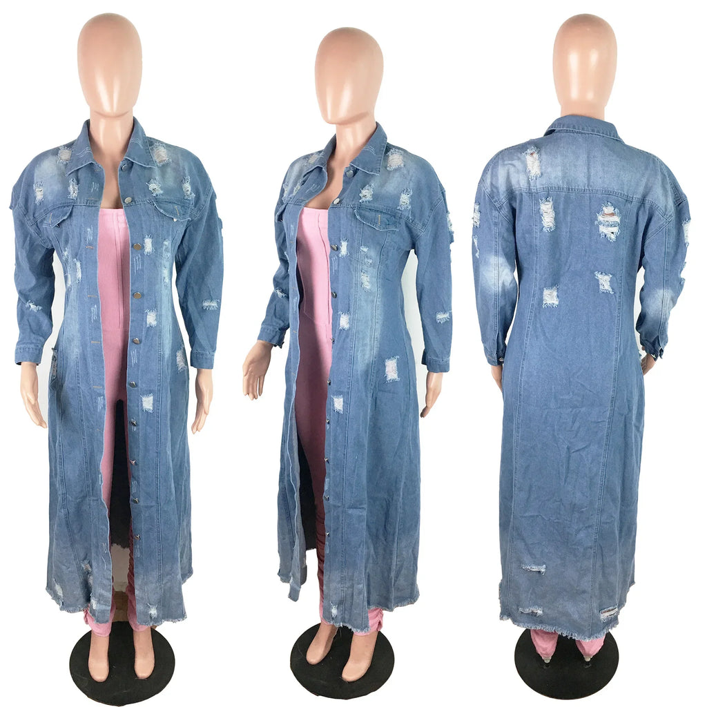 Fashion Women's Long Sleeve Denim Windbreaker Cardigan Denim Long Coat