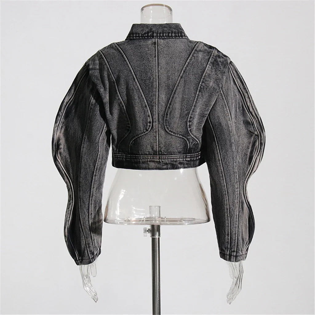 ZHEZHE Unique Fashion Female Spring Fall Winter Long Sleeve Denim Jeans Windbreaker Clothes Short Crop Jackets for Women'S Coats