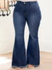 China Factory Wholesale Navy Good Quality Women Mid Waist Stretchy Regular Fit Plus Size Bleach Wash Flare Denim Jeans Pants