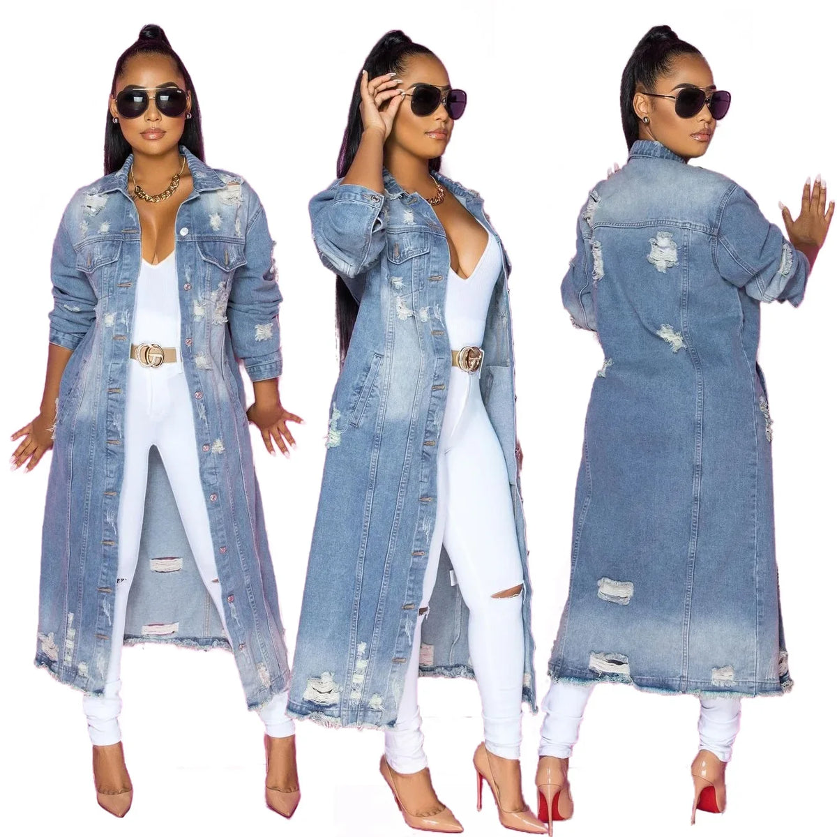 Fashion Women's Long Sleeve Denim Windbreaker Cardigan Denim Long Coat