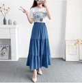 Vintage Loose Chic Skirts for Women Elegant High Waist Office Lady Long Skirt Fashion Woman Blue Denim Skirt