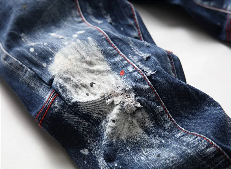 RTS 2021 Factory Wholesale Streetwear Crazy Fashion Zipper Washed Denim Paint Points Modern Designer Jeans Men Pants