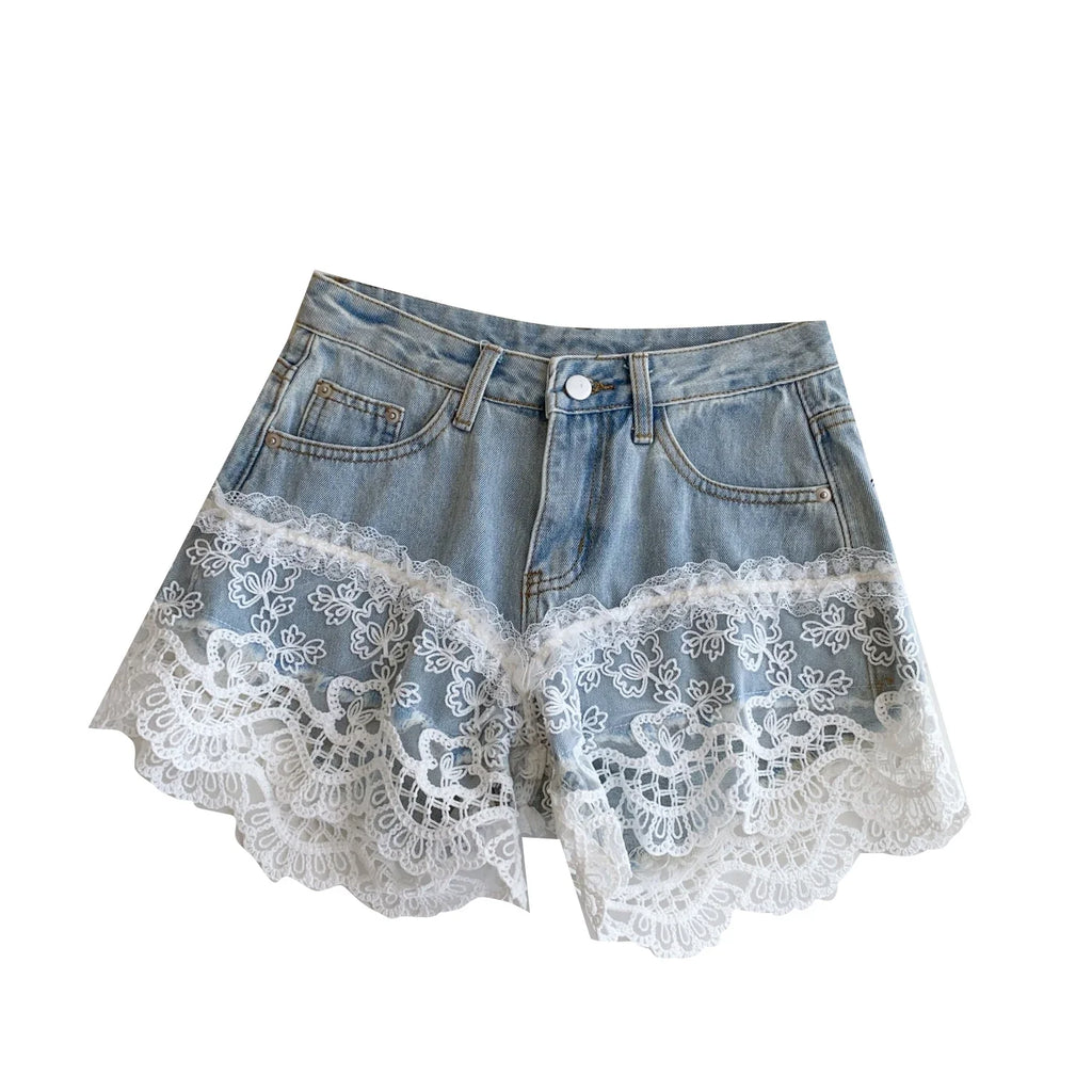 Spring Lace Short Jeans Women Print High Waist Denim Pants Girls Outdoor Pants Wholesale