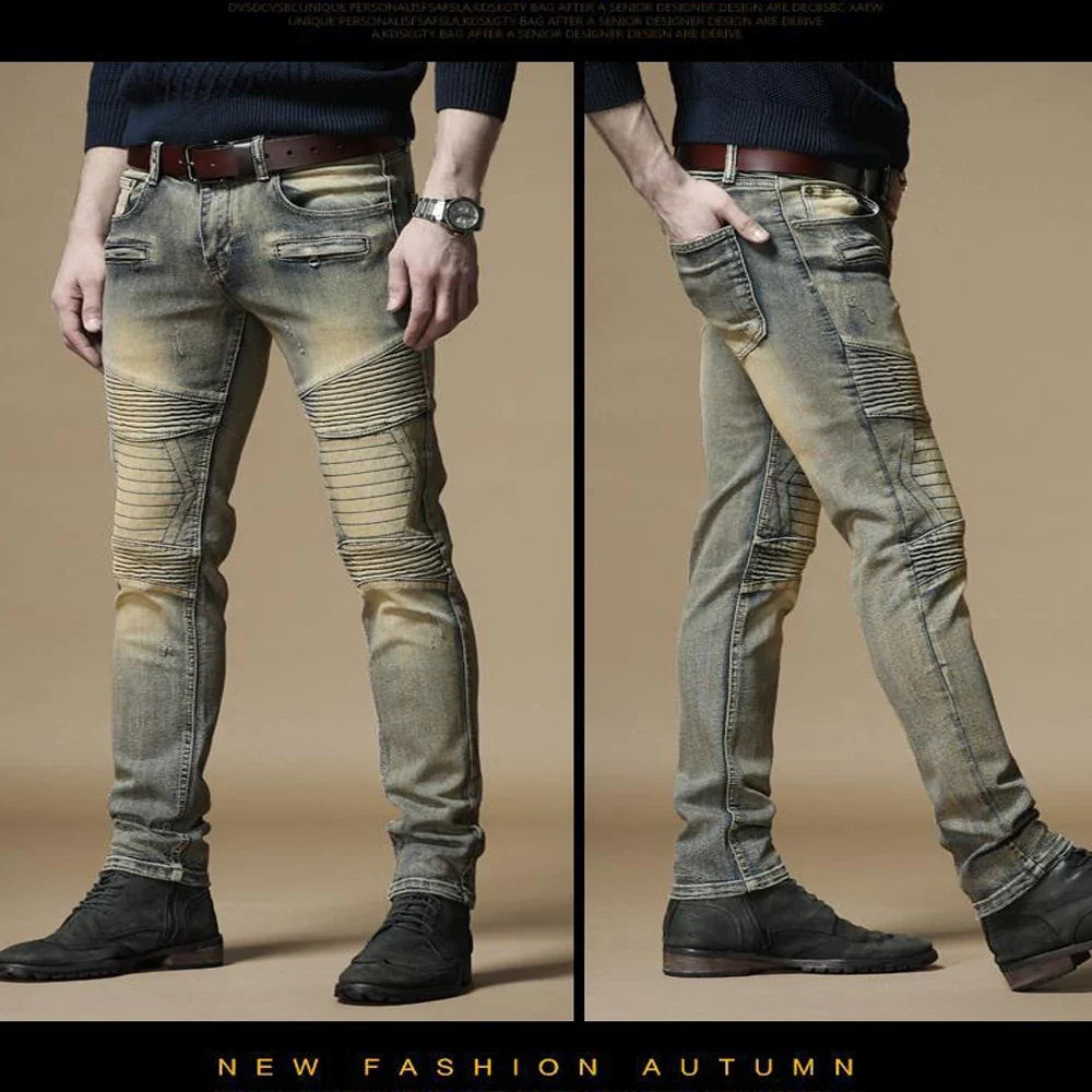 Top Fashion Slim Fit Men's Distressed Denim Bikers Jeans Pants Mid-Waist Pencil Style with Fast Delivery