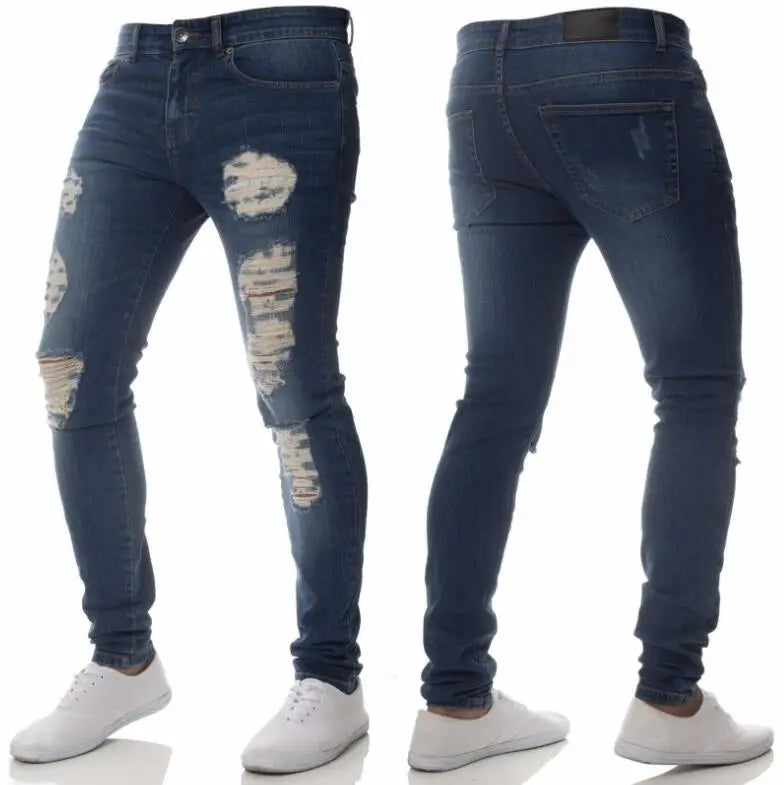 RNSHANGER Men Fashion Street Style Ripped Skinny Jeans Vintage Wash Solid Denim Trouser Mens Casual Slim Fit Pencil Denim Pants