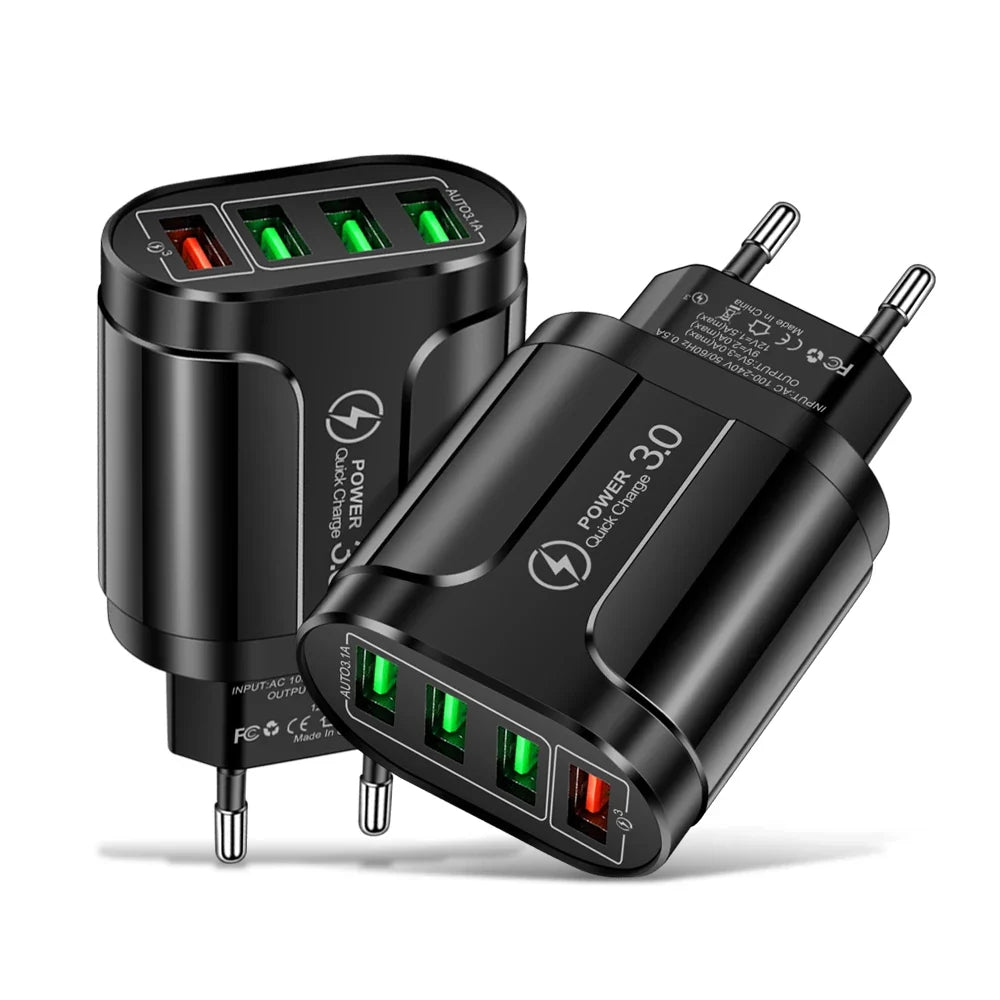 EU US Plug 4 USB 45W USB Charger Fast Charge QC 3.0 Wall Charging For iPhone 12 11 Samsung Xiaomi Mobile 4 Ports Adapter Travel