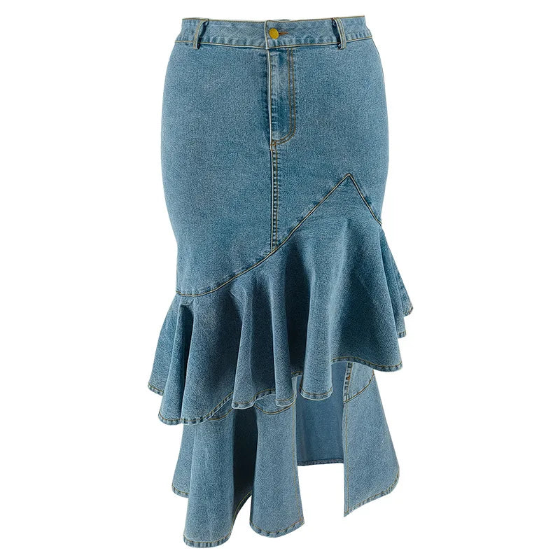 Latest Design Plus Size Women Jeans Skirt Silm Fit Mid Length Ruffle Denim Skirt for Women