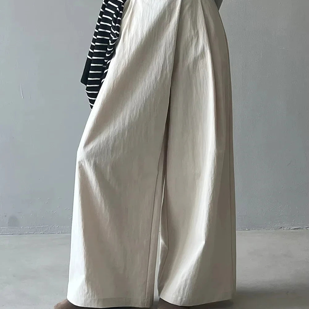 Asymmetric Diagonal Placket Wide Leg Pants for Women's Spring Casual High Waisted Straight Leg Pants
