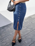 Plus Size Women's Casual Summer/Winter Blue Denim High Waist Short Skirts Sexy Single Breasted Button Knee-Length Fashion