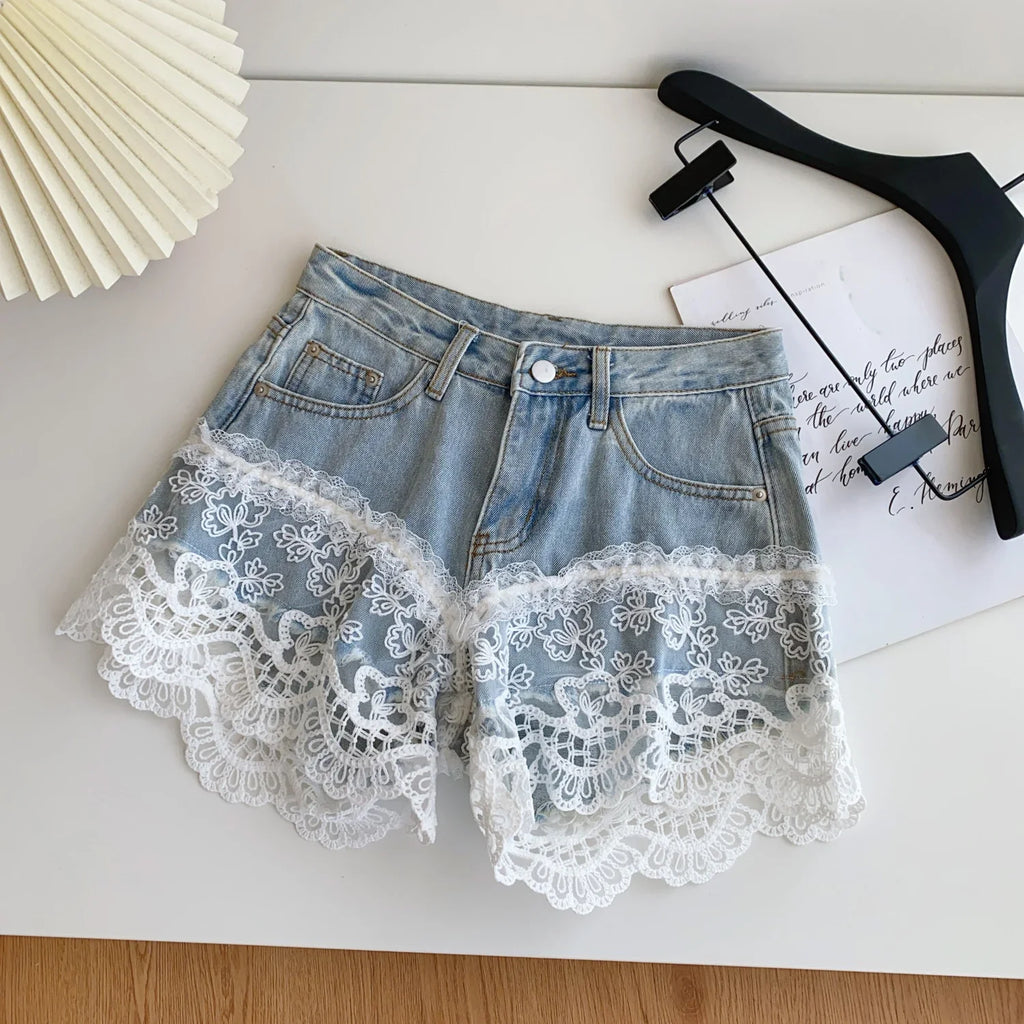 Spring Lace Short Jeans Women Print High Waist Denim Pants Girls Outdoor Pants Wholesale