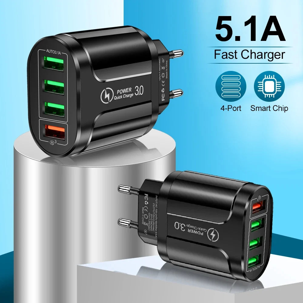 3in1 Cable 45W USB Charger Fast Charge QC 3.0 Wall Charging For iPhone 14 13 Samsung Xiaomi Mobile EU US Plug Adapter Travel