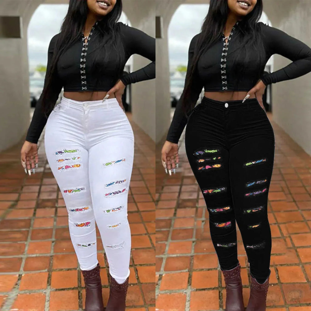 Free Shipping to USA-Women's Plus Size High Waist Slim Fit Casual Style Solid High Stretch Skinny Ripped Jeans