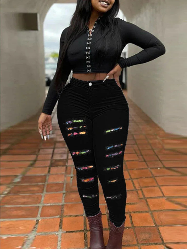 Free Shipping to USA-Women's Plus Size High Waist Slim Fit Casual Style Solid High Stretch Skinny Ripped Jeans