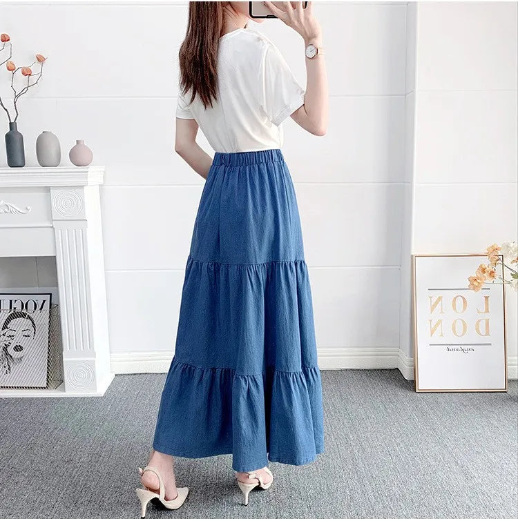 Vintage Loose Chic Skirts for Women Elegant High Waist Office Lady Long Skirt Fashion Woman Blue Denim Skirt