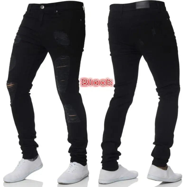 RNSHANGER Men Fashion Street Style Ripped Skinny Jeans Vintage Wash Solid Denim Trouser Mens Casual Slim Fit Pencil Denim Pants