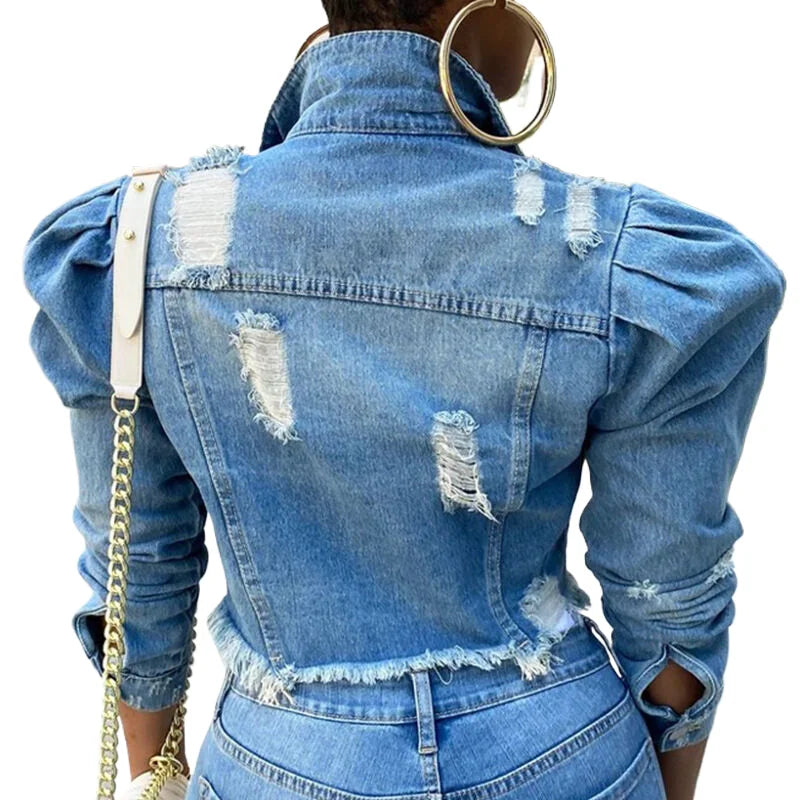 KY Cropped Half Jean Jackets Support Customization Ripped Distressed Raw Edge Women Blue Jeans Jackets