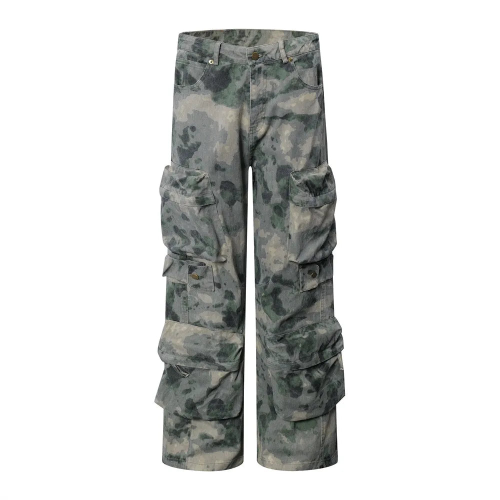 Tie Dye Camouflage Large Pocket Overalls Designer Men's Trend Loose Stone Wash Denim Fashion Patch Wide Leg Straight Men's Jeans