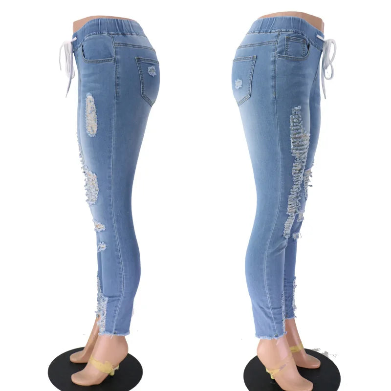 Fashion High Waisted Boyfriend Jeans for Women Lace up Slim Casual Hole Pencil Pants Sexy Autumn Denim Trousers Streetwear