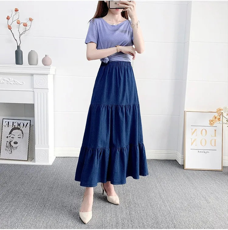 Vintage Loose Chic Skirts for Women Elegant High Waist Office Lady Long Skirt Fashion Woman Blue Denim Skirt