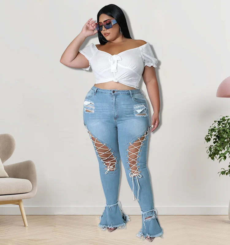 Trending Products 2022 New Arrivals FashionSlim Ripped Eyelet String Sexy Plus Size Jean for Woman