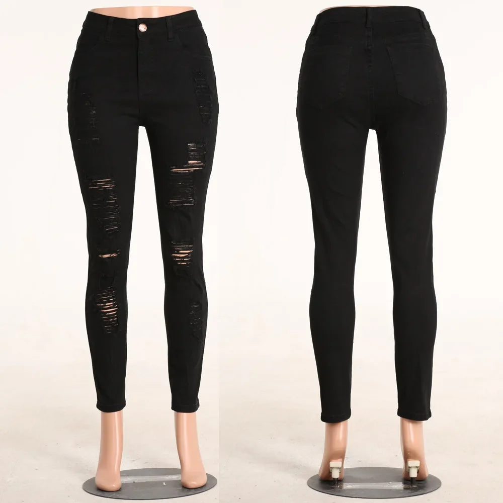 Womens High Waisted Black Torn Jeans Plus Size 3XL Skinny Denim Pencil Pants Burgundy Stretch Rugged Ripped Distressed Jeans