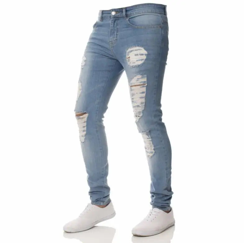 RNSHANGER Men Fashion Street Style Ripped Skinny Jeans Vintage Wash Solid Denim Trouser Mens Casual Slim Fit Pencil Denim Pants